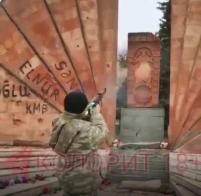 Azerbaijani soldier shoots at Armenian cross in Hadrut. Typical behavior of our 🇦🇿neighbors.