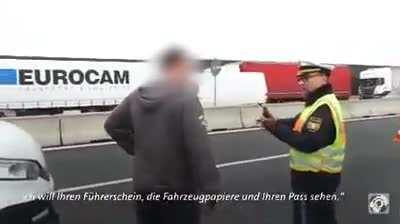 German Cop confronts idiot with reality.