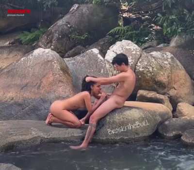 Swallowing my cock by the river