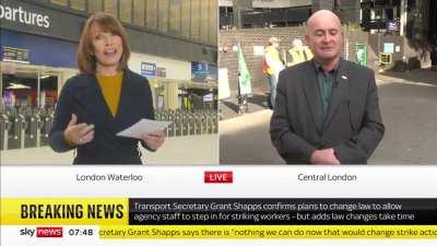 Kay Burley becoming increasingly flustered while trying to goad Mick Lynch into saying that picket lines could become violent