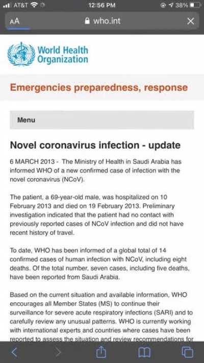WHO website caught hiding their original announcement on a “novel” coronavirus outbreak in 2013 (Later Called MERS) Had to take a screenshot to read it.
