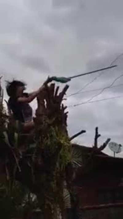 i wonder what would happen if i poke this power line with my broom..