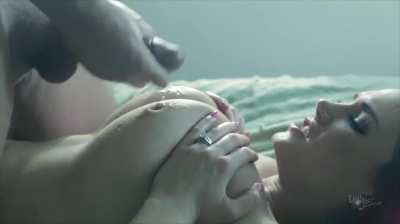 Siri takes a load on her chest laying down