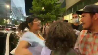 Woman in Denver last night confronts protesters who threw a rock at her car. They claim it was justified because she honked at them while they were blocking traffic