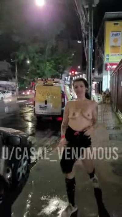 It was raining and I was bored. Clothes off to get in the car.