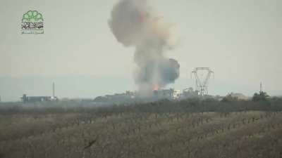 Ahrar al-Sham Targeting a Syrian Army T-72 with a TOW Missile on the Ma'an front in the Northeastern Hama Countryside. 1/9/2018