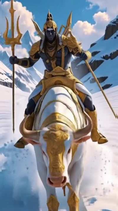 Lord Shiva rides Nandi on Kailash Mountain.