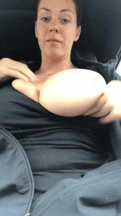 Showing her big boobs in car