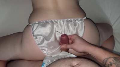 Letting him cum on my silky white satin panties :)