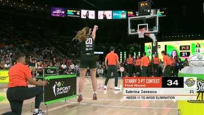 [Highlight] Sabrina Ionescu of the New York Liberty puts on a show and sets an All-Time NBA or WNBA Record Scoring 37 points (including hitting 14 in a row) while only Missing 2 shots in the final round to win the 3-Point Contest