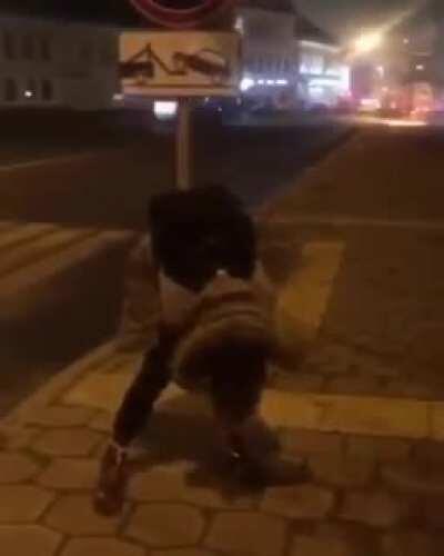 Low IQ person Vs a street sign Fight!