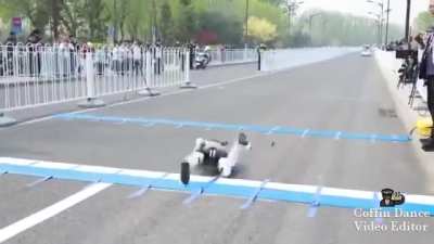 Clanker crossing a finish line