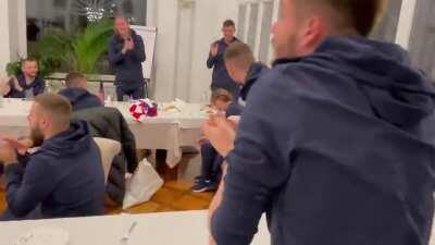 Luka Modric's reaction after the standing ovation from his teammates for his career record with Croatia