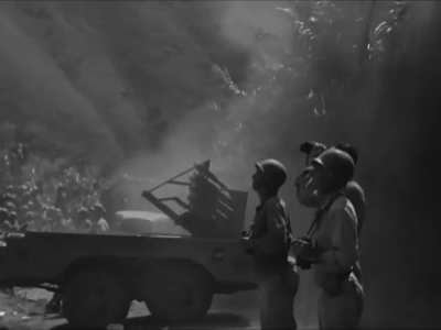 US troops launch 4.5 inch Beach Barrage Rockets from the bed of a Dodge WC 6x6 truck in the Cagayan Valley in Luzon in June 1945