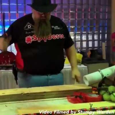 Donavon Phillips first place run during the Cutting Championships at Blade Show Atlanta