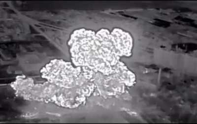 Ukrainian forces use a UR-77 mine clearing charge against a Russian occupied area in Bakhmut at night