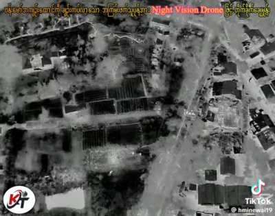 Myanmar Military using drones equipped with thermal imaging and 120mm drop bombs against the KIA (Ethnic Armed Group)'s night raids near Bhamo Prison in Kachin State, Myanmar. Febuary 2025