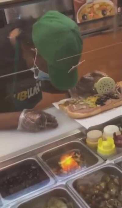 Subway employee falls asleep mid sandwich