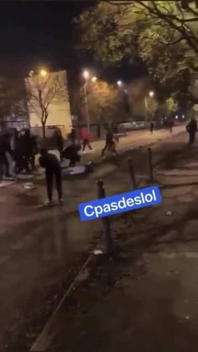 Montpelier, France. Man runs over Moroccan football rioters who cornered him after their team was eliminated by the French