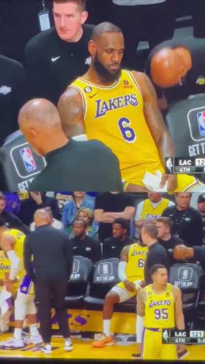 LeBron looking absolutely defeated on the bench as Westbrook and Schroder have an animated discussion