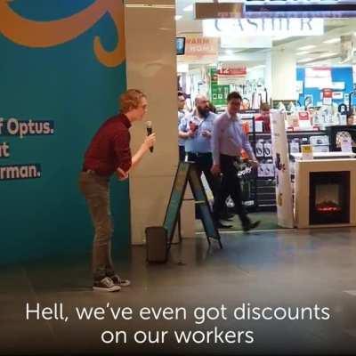 Harvey Norman's been having a bit of a rough week so we sent the Surprise Spruiker to help them advertise the great savings they're making on staff wages