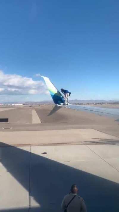 WCGW trying to climbs onto the wing of an airline at Las Vegas airport.