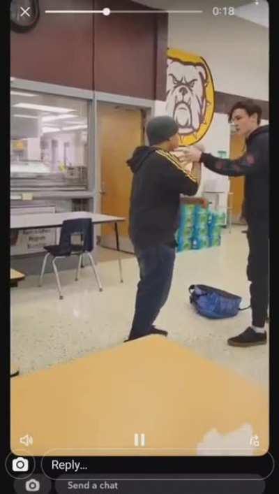 Kid with hat was bullying tall kid for being a freshman