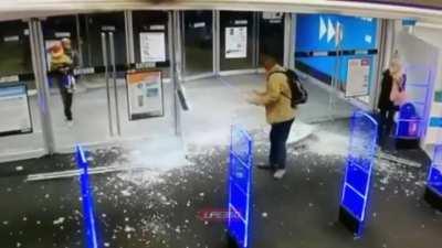 Shoving doors opens and walking away casually