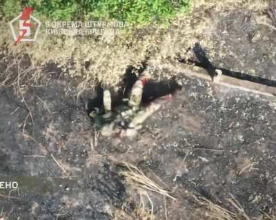 Ukraine's 5th Assault Brigade hits two Russian soldiers riding a motorcycle with drone-dropped grenades. Donetsk oblast, published August 30th 2025.