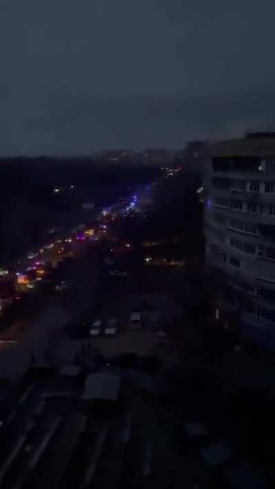 Dozens of ambulances driving to the ruined building in Dnipro city. There were 72 apartments in the ruined part of the building. According to registration records, 100-200 people could be in there (and about 50 children).