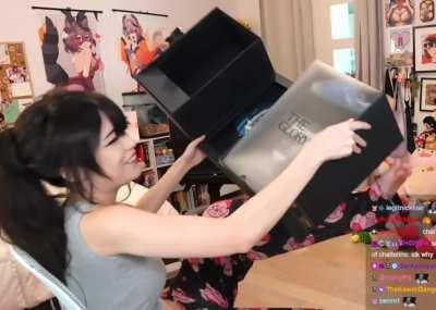 Emiru opening a Riot Games box - October 2023