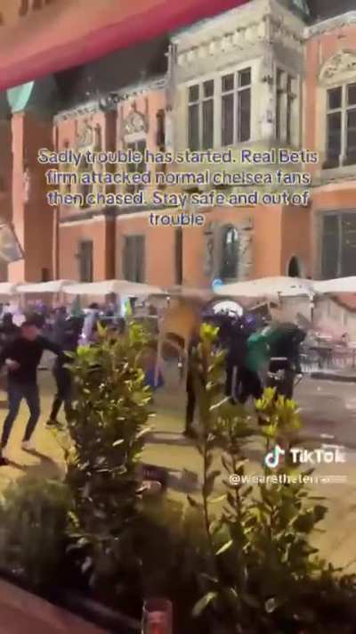 Group of British and Spanish football fan starts a fight in center of town square of Wrocław night before Conference Legue final
