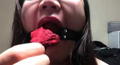 Gagging myself with my used panties and a ring gag