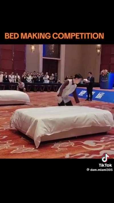 Bed making competition in Japan