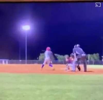 Kid hits pitch and foul ball from another field at the same time