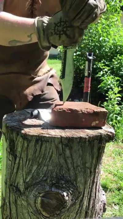 Leaving a trail of broken and damaged knives behind me over the years, I’ve finally managed to create what I consider the toughest blade I’ve ever made. Watch out for the brick.