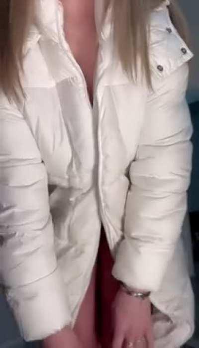 It’s so cold in England.. wearing this coat with nothing underneath is fun though