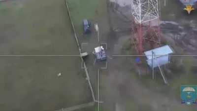 Russian Lancet drone hitting Ukrainian equipment ( claimed to be Starlink station) and D20 howitzer. 2022