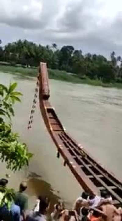 The legendary snake boat of Kerala, locally known as “Chundan Vallam”, enters the water amidst loud cheers, festivities ahead of the famous boat race. Constructed according to specifications taken from the Sthapathya Veda, these boats vary from 100 to 138