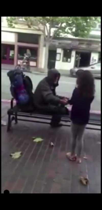 Little girl asks to give homeless man the rest of the food on her plate.