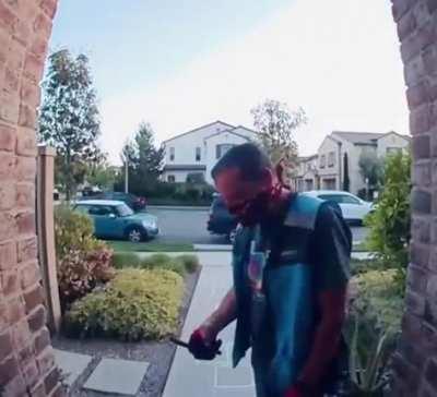 Doorbell camera captures delivery man sneaking in a quick game of hopscotch on his route.