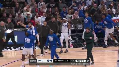 [Highlight] Theo Pinson drains another triple to give him 9 points for the game and the Dallas Mavericks bench goes nuts