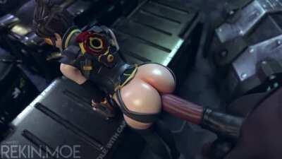 Tracer bounces her thicc butt all the way down the horse’s shaft (Rekin3D)