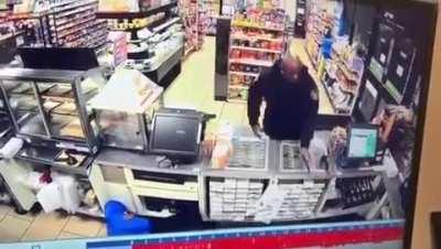 2 idiots jump the counter and attempt to rob a 7-11 with a fake gun. Badass security guard sneaks in front door and shoots them both. One robber yells 
