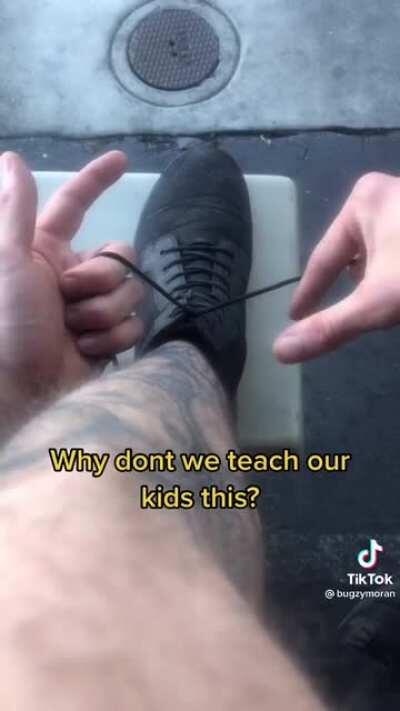 Tying his shoes in a second