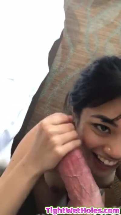 Asian girl play with a thick veiny cock