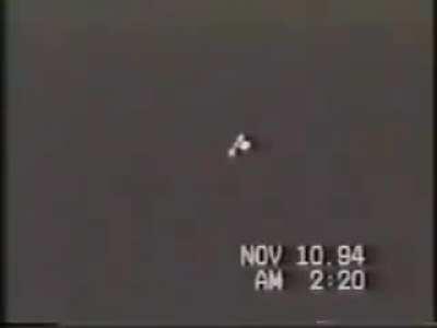 I isolated and sped up film on the soundless craft filmed at Owensville OH 1994. A clear image emerges of the rolling movement while hovering.