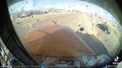 Presumed insurance fraud attempt by the car driver. Semi driver did a great job avoiding the crash. Credit to harvestthehusky on tiktok