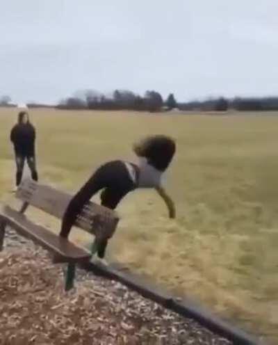WCGW jumping over a bench.
