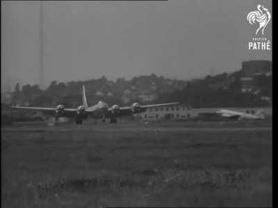 Boeing B-50 landing using tractor-type gear designed to land on rough terrain.